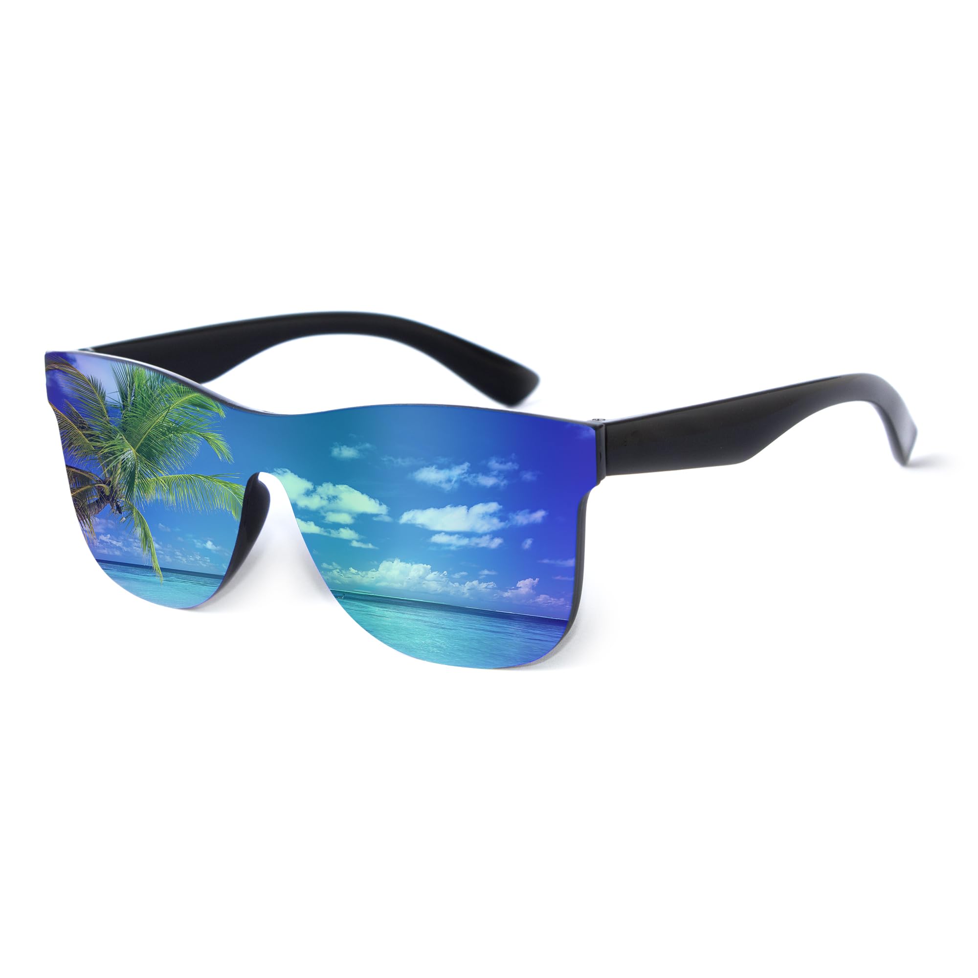 Occhiali da sole monopezzo con lenti a specchio, protezione UV400, senza cornice, per uomini e donne, per guida, viaggi e moda
