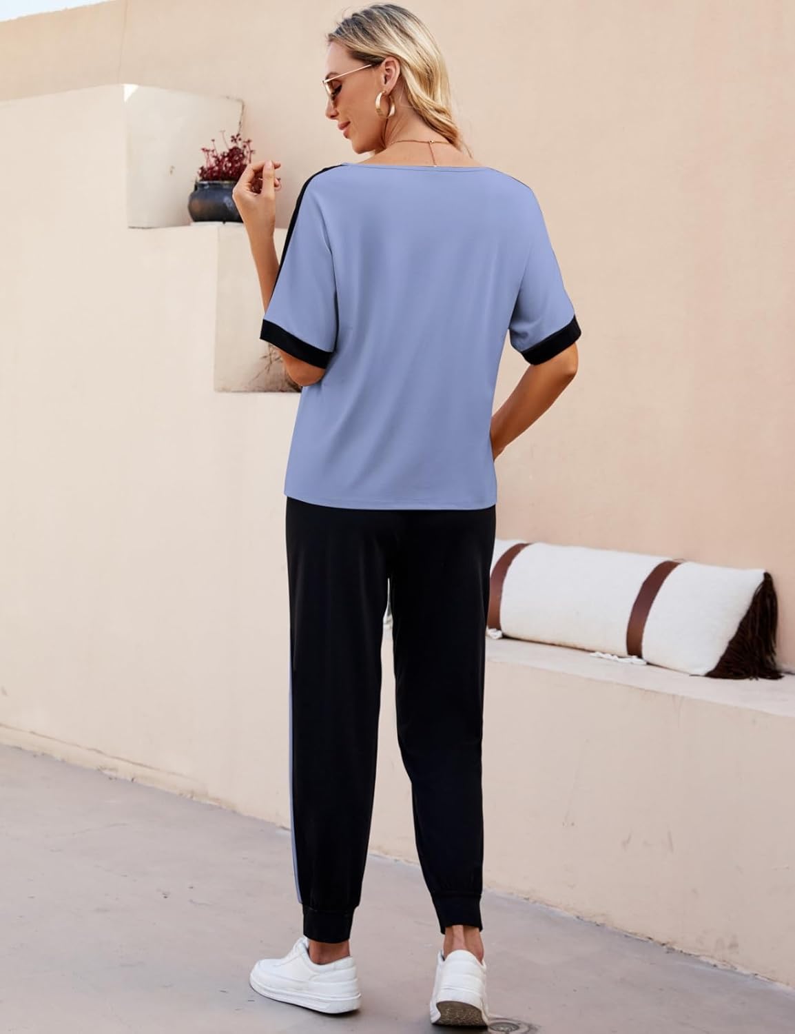 VIMPUNEC Women 2 Piece Outfits Summer Casual Lounge Sets Soft Sweatsuits Trendy Matching Sets Light Blue M - Image 2