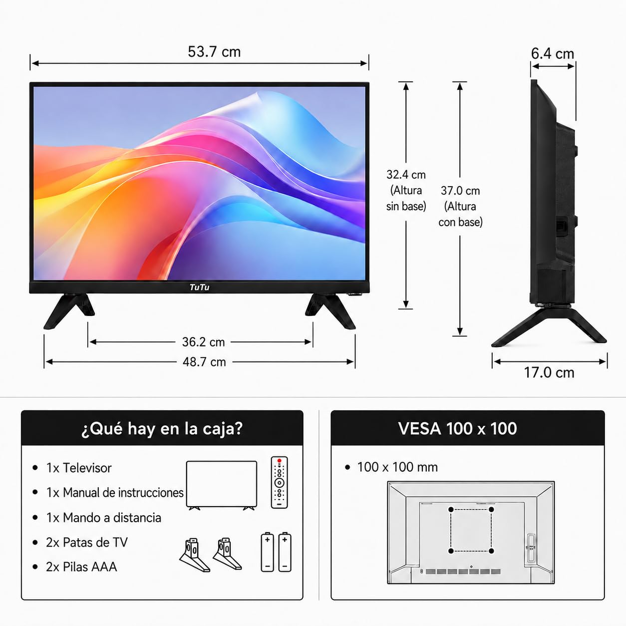TuTu TU24Q1H-T8 Smart TV 24 Pulgadas (60 cm), LED HD Televisor | Powered by Tizen, WiFi, Bluetooth, App Store, AirPlay, Triple Tuner (DVB-T/T2, DVB-C, DVB-S/S2), HDMI, USB