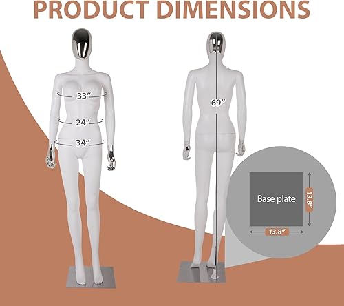 Miniatura 3 de Kinfant Maniquí femenino de cuerpo completo, blanco y plateado, elegante maniquí femenino alto con base de metal estable, pantalla de forma de
