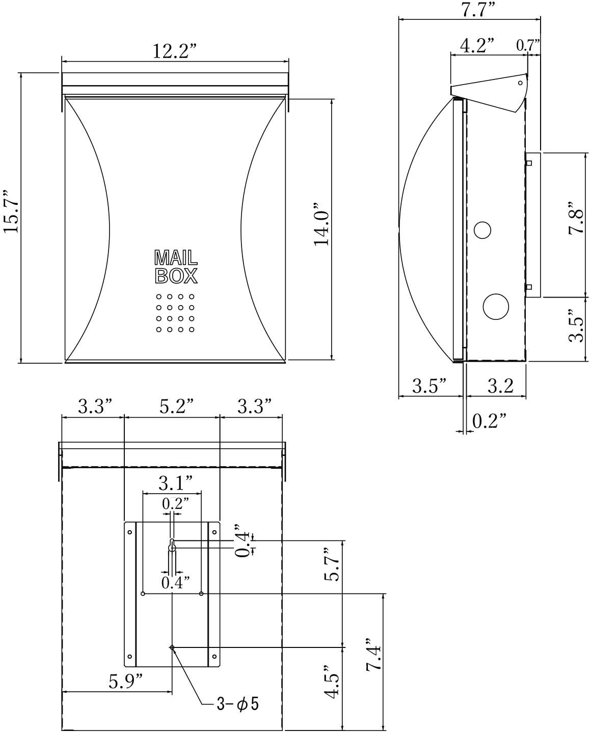 MB-5207 Modern Design Mailbox Wall Mount Contemporary Stainless Steel Postbox with Lock and Key Large Letterbox for House 16” x 12” x 7.7” (Ebony Wood)