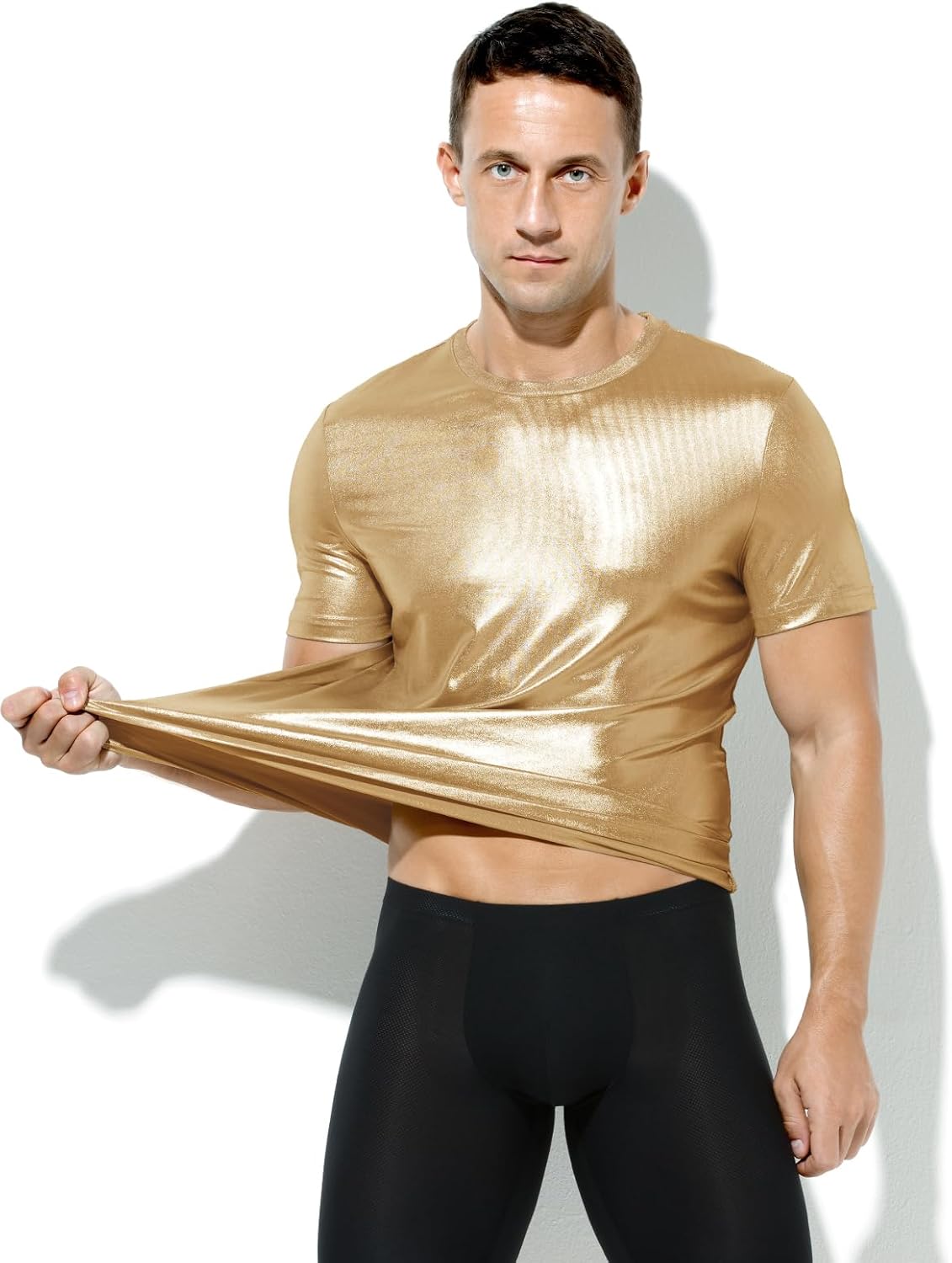 Casey Kevin Mens Metallic T-Shirts 70s Disco Outfits for Mens Holographic Short Sleeve Shiny Tops