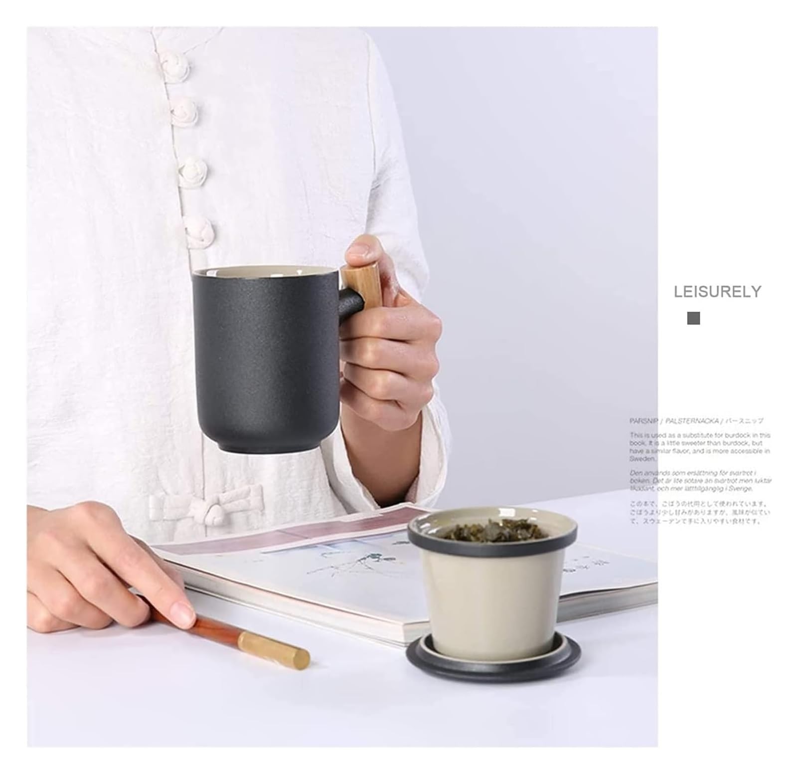 Taza infusora de té, taza de café, taza de té de cerámica creativa con tapa e infusor de estilo janpanés, taza de té de porcelana con mango de madera, juego de tazas de té de viaje con filtro, taza de