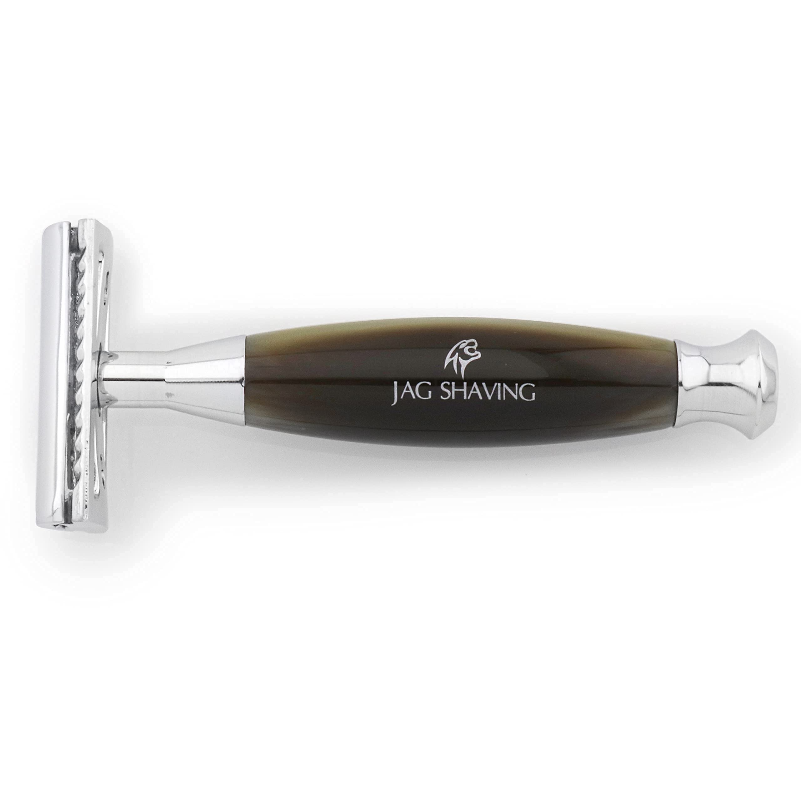 Jag Shaving Kit de afeitado – Juego de 3 piezas – gama Jag's Lee – maquinilla de afeitar de seguridad de doble filo, cepillo de afeitar Silvertip Badger – elegante soporte de afeitado – color verde