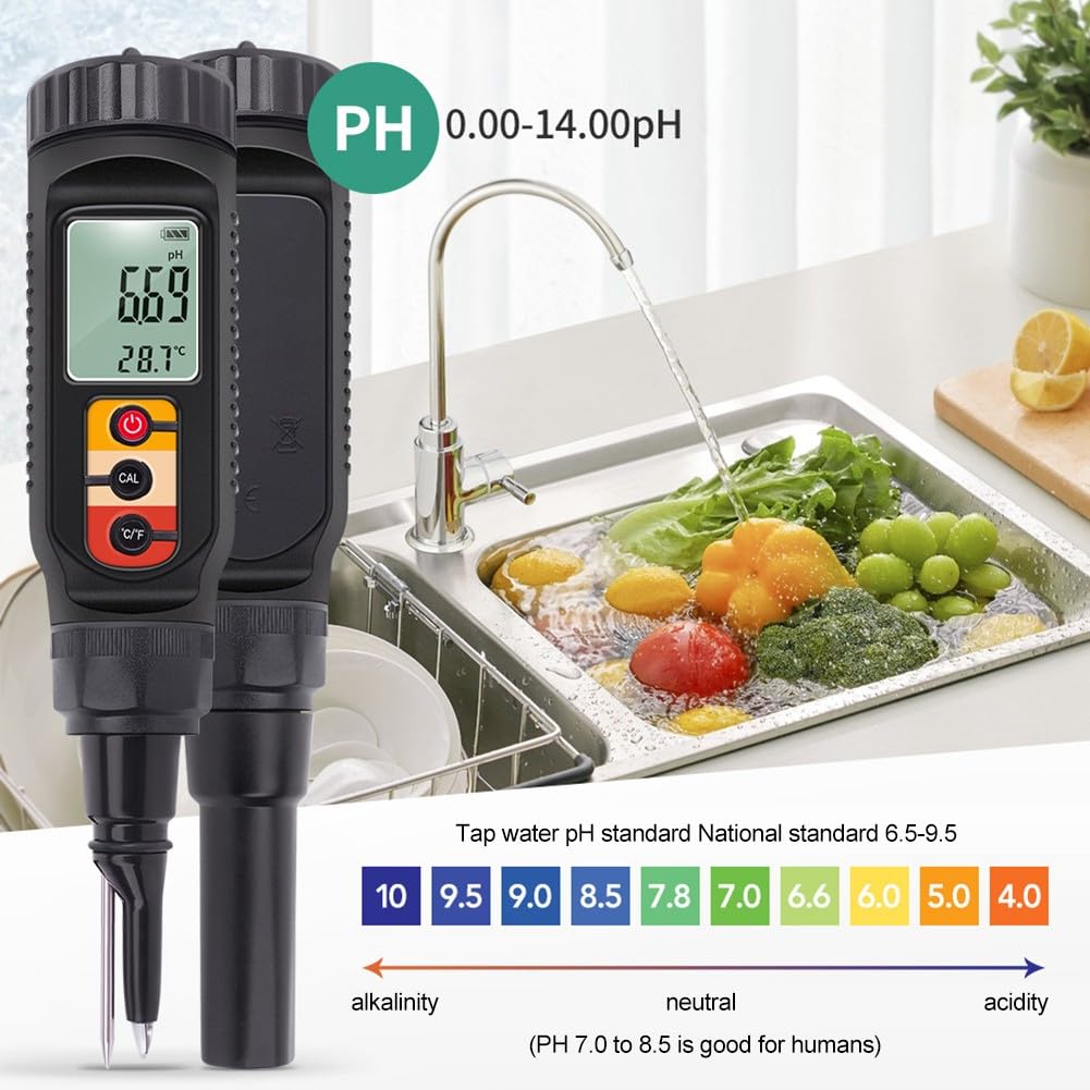 Misuratore di pH digitale per alimenti con misurazione della temperatura per terreno, frutta, verdura, carne e pane, gamma pH 0,00-14,00, ampio schermo retroilluminato