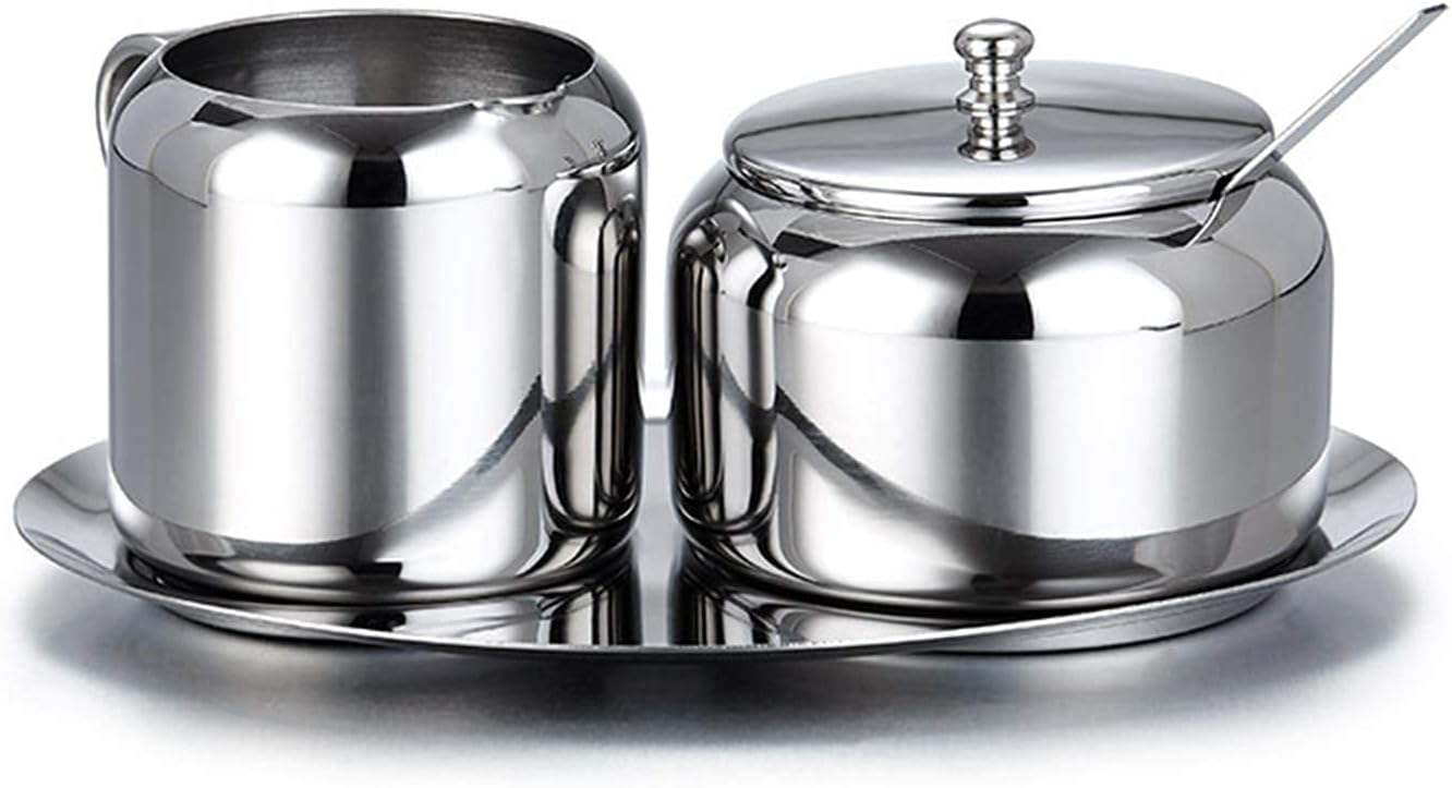 Stainless Steel Sugar Bowl, Milk and Sugar Set Small Sugar Bowl with Spoon Tray and Sugar Spoon for Home Kitchen Hotel and Coffee, Silver
