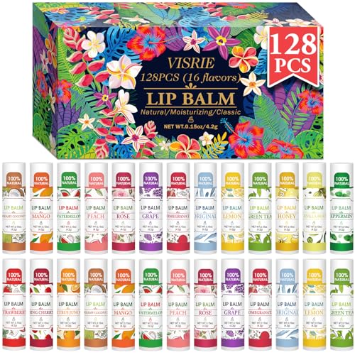 VISRIE 128 Pack Lip Balm Natural Lip Balm Bulk with Vitamin E and Coconut Oil Bulk Moisturizing Lip Balms for Dry Lips-16 Flavors
