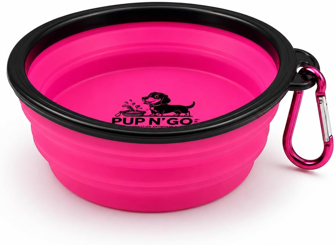 PUP N' GO Collapsible Dog Travel Bowl with Carabiner Clip for Food and Water (Pink, Large)