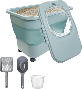 Collapsible Cat Litter Storage Container with Rolling Casters,20 Lbs Cat Litter Storage with Wheels,Airtight Lids,Cat Litter Shovel,Portable Cat Litter Storage Bin Container,BPA Free Green