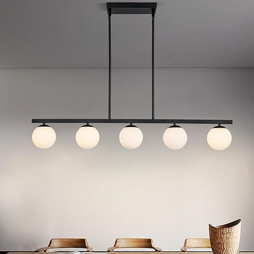 HuisMier Lámpara colgante lineal moderna de 5 luces, lámpara de araña negra de granja con pantalla de vidrio blanco, lámpara colgante de globo de