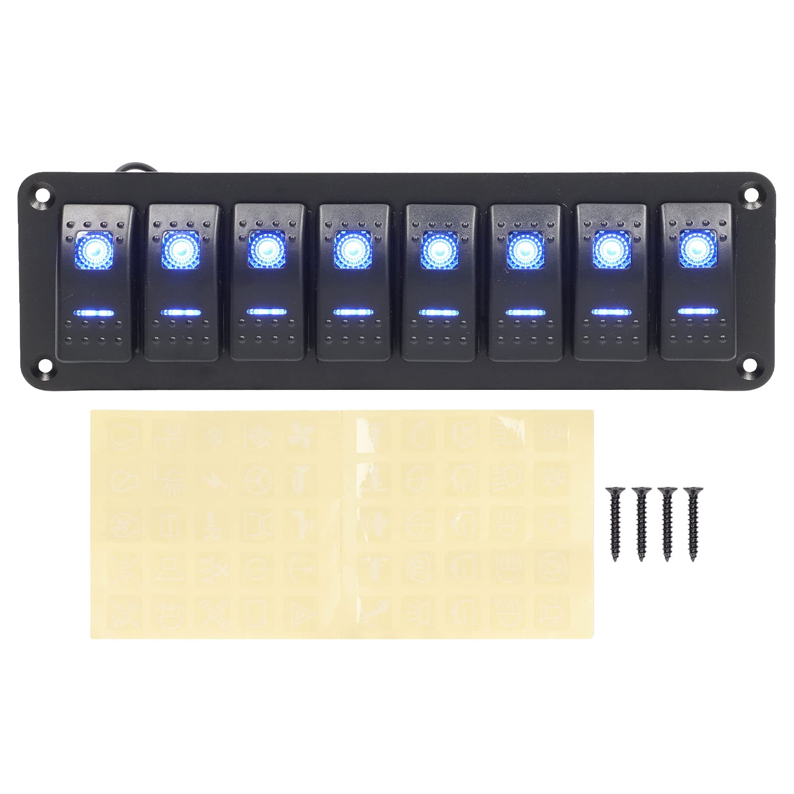 Pannello interruttori a bilanciere a 8 gruppi Interruttore on/off retroilluminato a LED Protezione sovraccarico impermeabile Precavo per auto RV Bus Marine Boat (Blu)