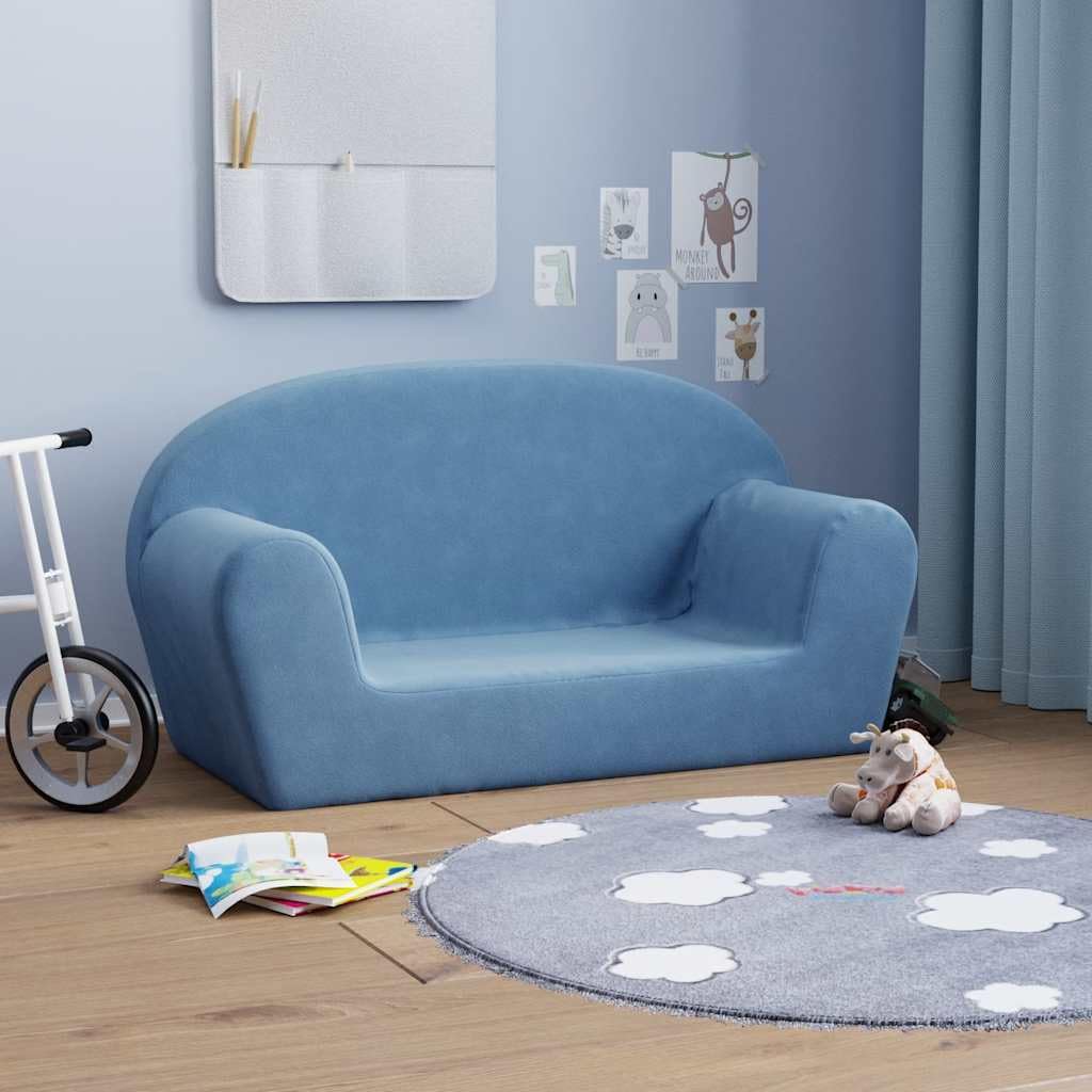 vidaXL Canapé pour Enfants 2 Places Bleu Peluche Douce