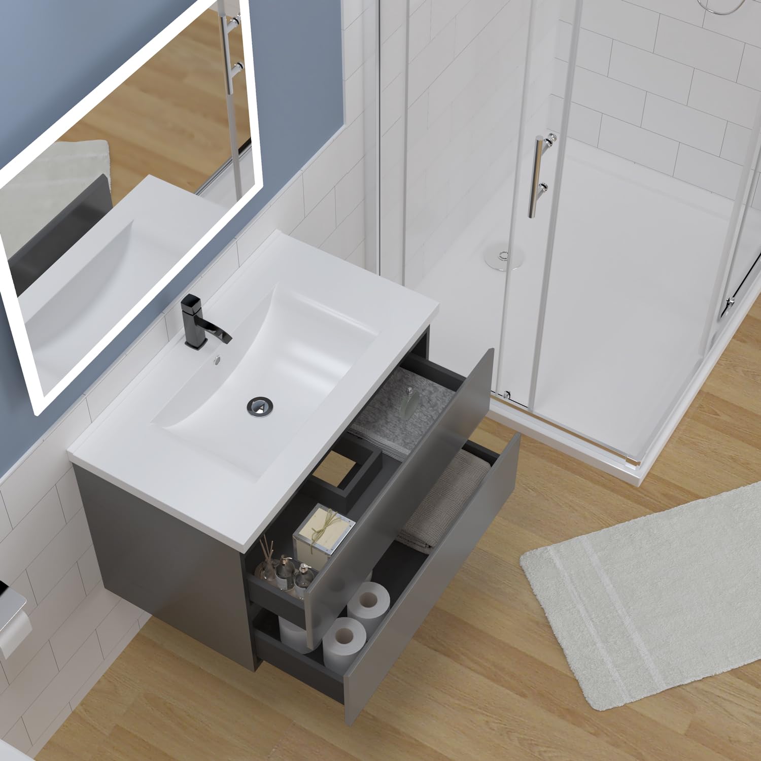 Aica Sanitär Waschtisch mit Unterschrank 80cm Alast Badmöbel Set Hochglanz Anthrazit Keramik Waschbecken mit Unterschrank MDF Softclose