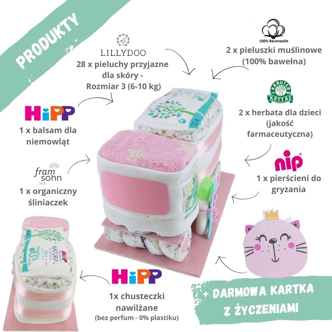 myBambini® Tort pieluszkowy ciężarówka - prezent na narodziny - prezent dla dziecka - prezent na chrzciny - pomysł na prezent - kup teraz tort (różowy/dziewczynka)
