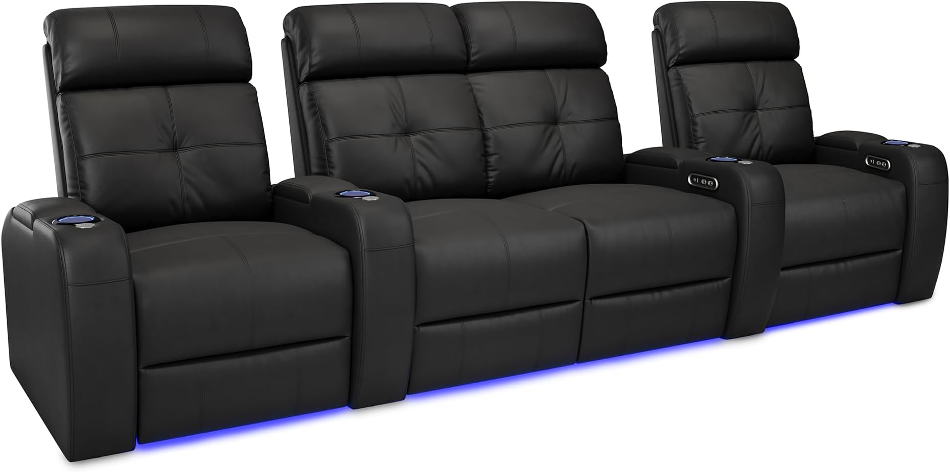 Valencia 2025 Verona Power Headrest Home Theater Seating – Top Grain Nappa Leather 9000 – Power Adjustable Headrest, USB-C Fast Charging, LED Cup Holders (Row of 4 Loveseat Center, Black)
