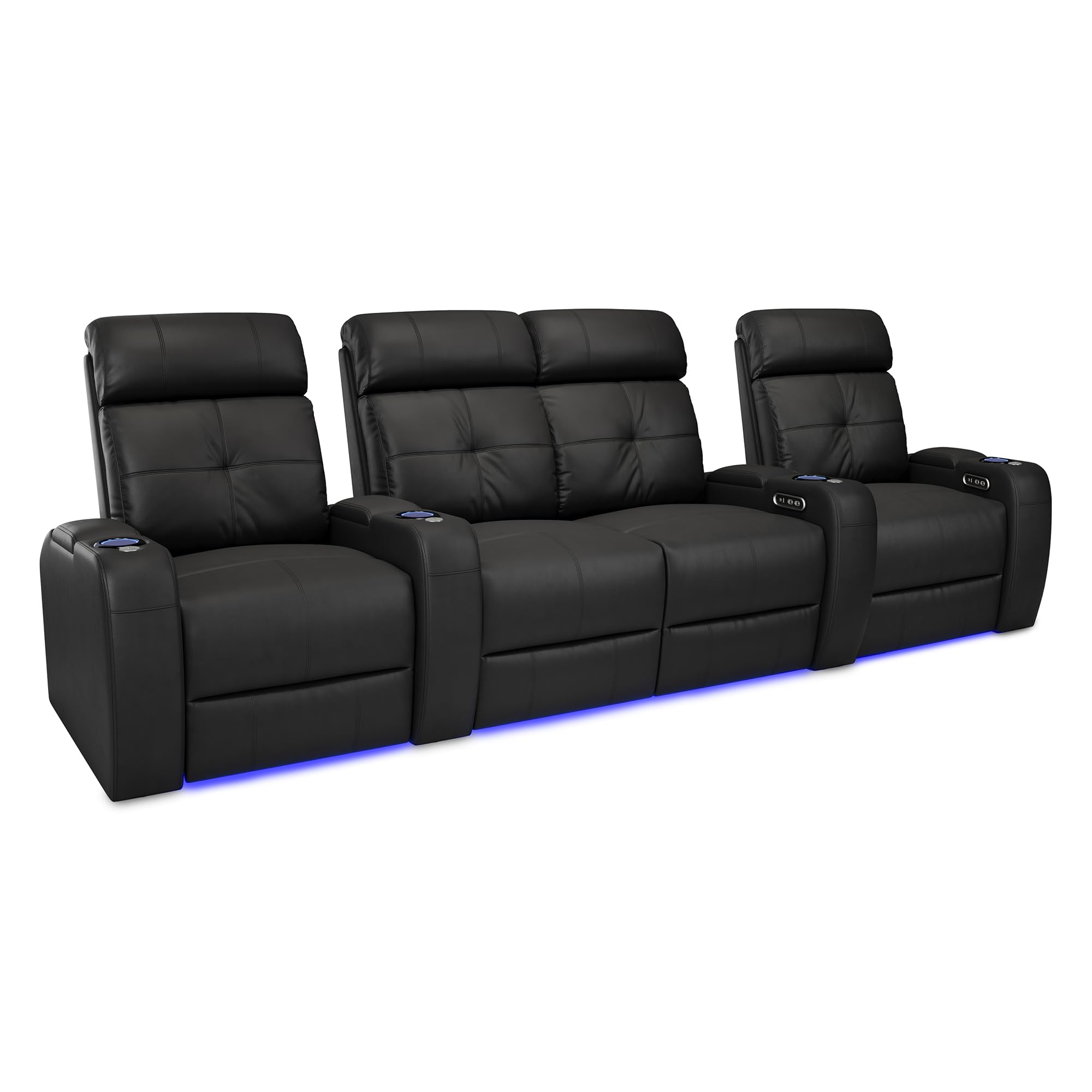 Valencia 2025 Verona Power Headrest Home Theater Seating – Top Grain Nappa Leather 9000 – Power Adjustable Headrest, USB-C Fast Charging, LED Cup Holders (Row of 4 Loveseat Center, Black)