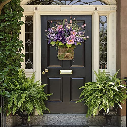 2023 New Lavender Basket Wreaths For Front Door,Lavender Artificial Flower Basket,Wreath Hangers For Front Door，Spring Wreath (1 Pcs) #TOP4