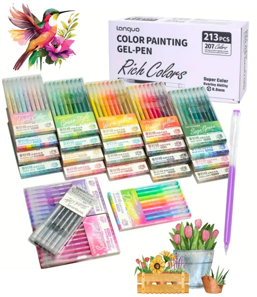 languo - Lote de 213 bolígrafos de gel, 207 colores, 24 cajas individuales. –Bolígrafo de gel adulto para dibujo, colorante misterio, garabatos artesanales scrapbooking (0,6 mm)