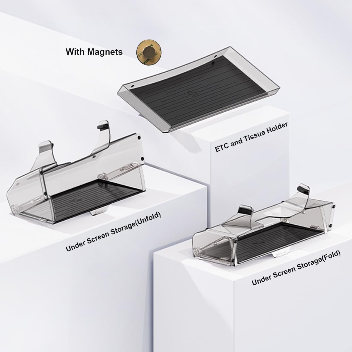 Under Screen Storage Tray Compatible with Tesla Model y 2017-2024 & Model 3 2017-2023, Magnetic Hidden Center Console Organizer, Tray for Ticket Storage with Anti-Slip Mats