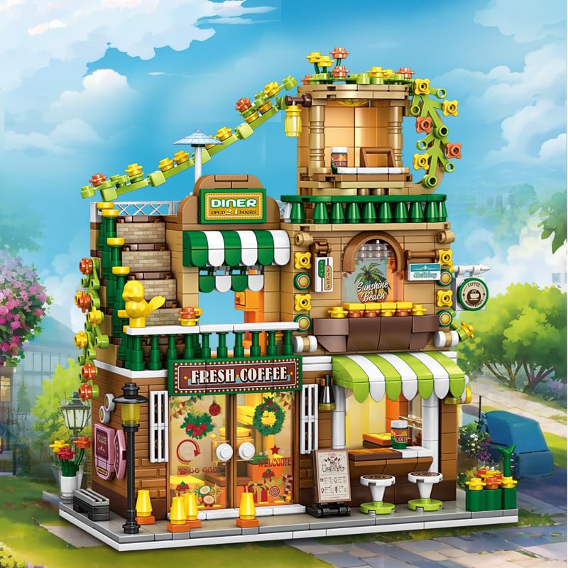 Image of SKY LINE OCEAN Cityscape Coffee Shop Building Blocks Set - 828+ Pieces Urban House Store Model, Creative DIY Construction Toy for Boys & Girls, Christmas Birthday Gift | 5 Year Structural Warranty