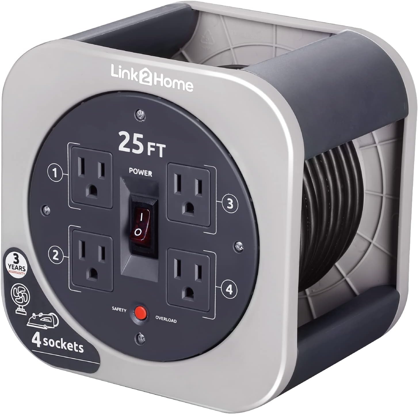 Link2Home 25 Ft.Heavy Duty Retractable Extension Cord Reel with 4