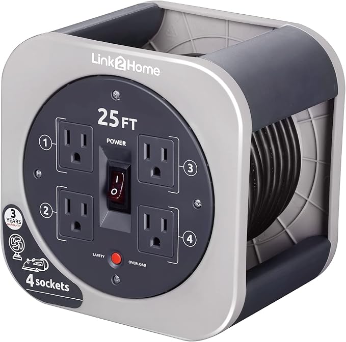 Amazon.com: Link2Home 25 ft. 16/3 Extension Cord Storage Reel with 4 ...