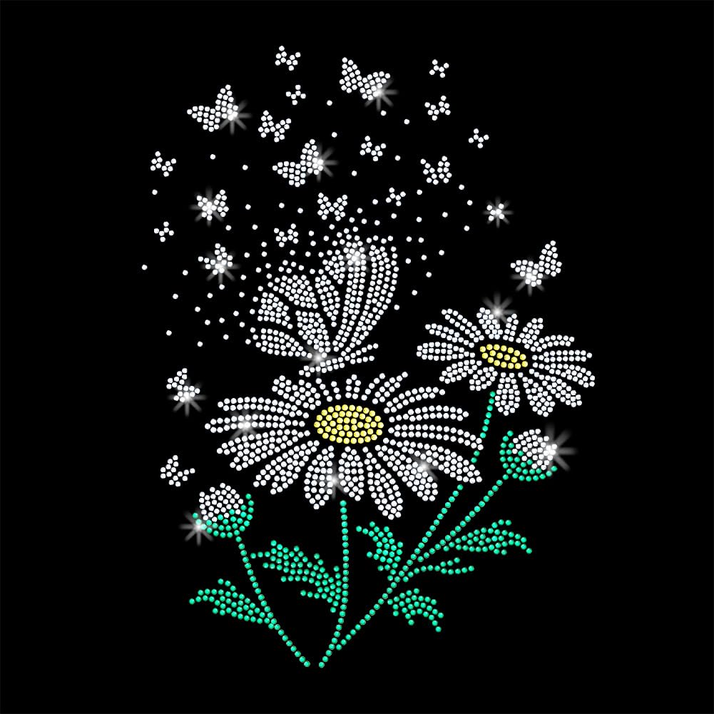 GOMAKERER 1 Pc Daisy Butterfly Dragonfly Iron on Rhinestones Transfer, Floral Hot Fix Iron on Patch Transfer Decals Crystal Heat Transfer Clothing Repair Decor for T-Shirt Jeans Jacket Party Decor
