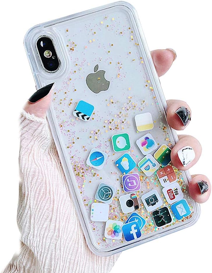 Skoveph Liquid Glitter Case Compatible with iPhone XR, Hard Back Colorful Bling Quicksand with ios icon Apple APP Shine Phone Case (iPhone XR, Gold Glitter)