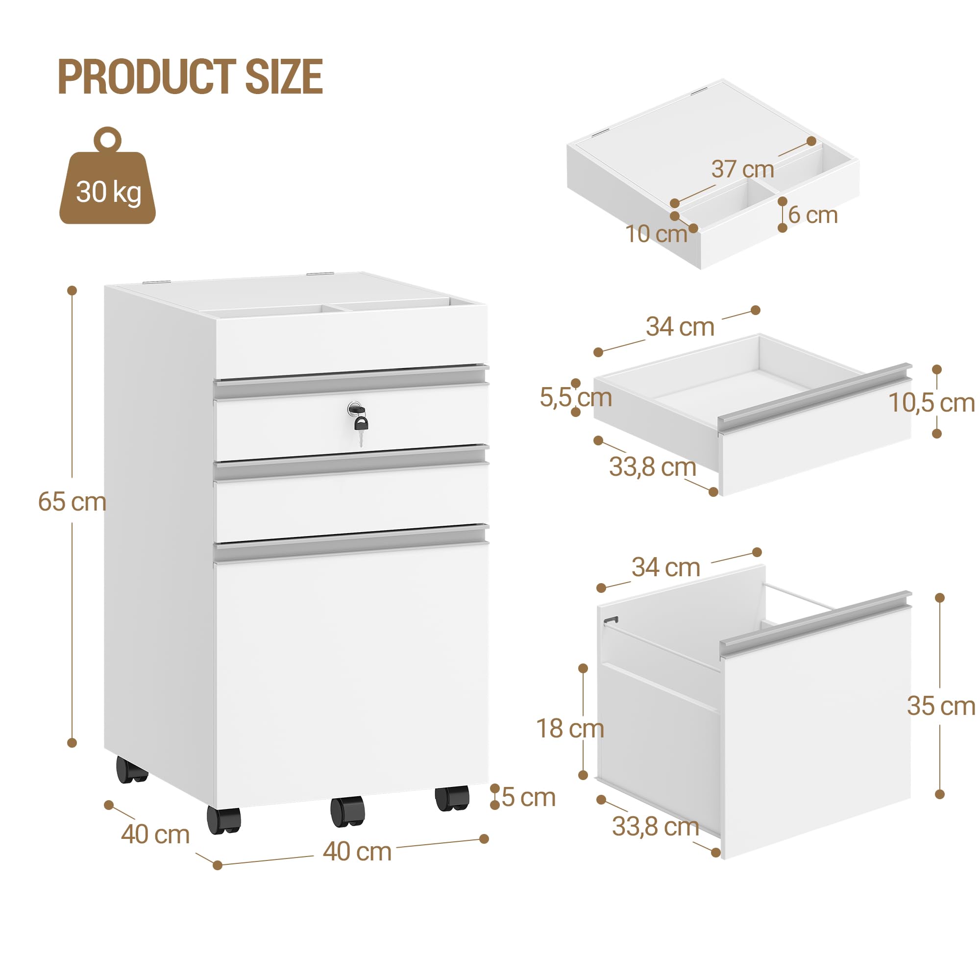 Hzuaneri Rollcontainer, Aktenschrank, abschließbarer Büroschrank mit 3 Schubladen, extra stauraum Oben, Schubladenschrank für DIN A4, Letter, für Büro, Homeoffice, 40 x 40 x 70 cm Weiß FC41003XV1