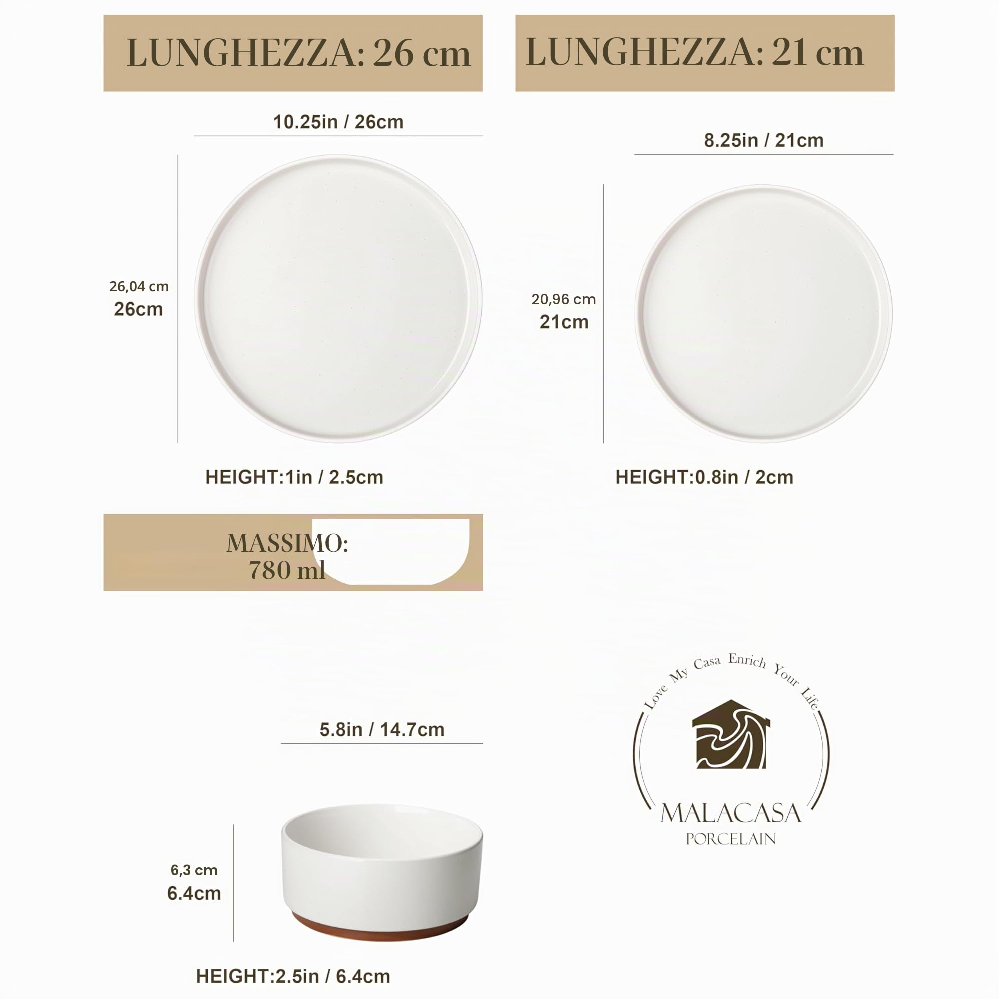 MALACASA Servizio di Piatti 8 Persone, 24 Pezzi Set di Piatti Moderni in Gres con 8 Piatti Piani, 8 Ciotole per Cereali, 8 Piatti da Dessert, Bianco - Serie LEAH
