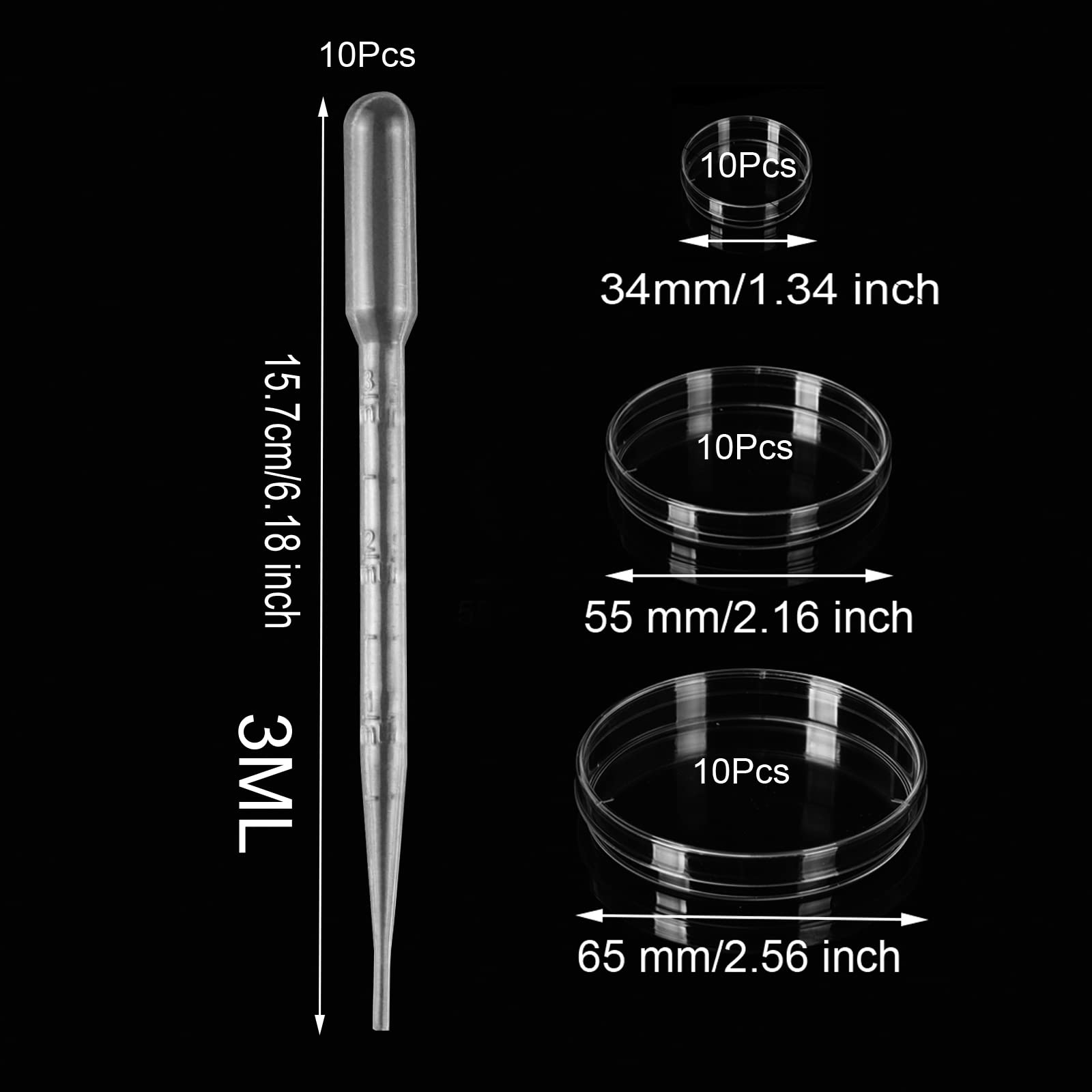 65+55+34 mm Piastra di Petri con Coperchio,30 Pezzi Piastre Di Petri In Plastica Sterile Per Laboratorio Esperimento Biologia Studi,con 10 Pipette Di Trasferimento da 3 ml