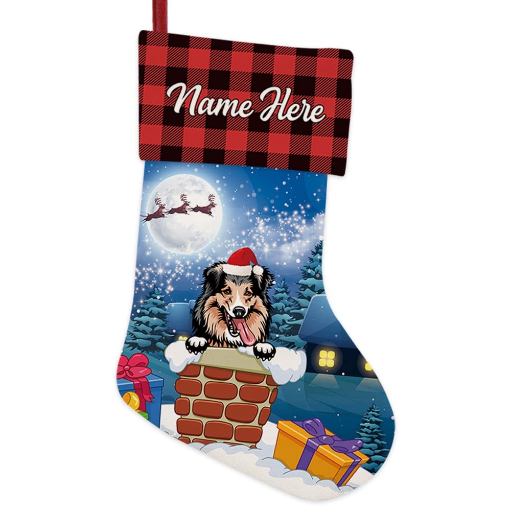 BAGEYOU 1 Pack Custom Name Christmas Stocking with Cute Dog Shetland Shepdog in the Chimney Santa Gifts Pack for Xmas Party Holiday Decoration Christmas Tree Fireplace Hanging 14.4"