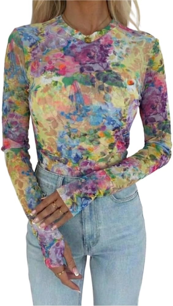 CHICME Womens Floral Mesh Long Sleeve Tops Crewneck See Through Fitted Shirts Sexy Sheer Going Out Blouses