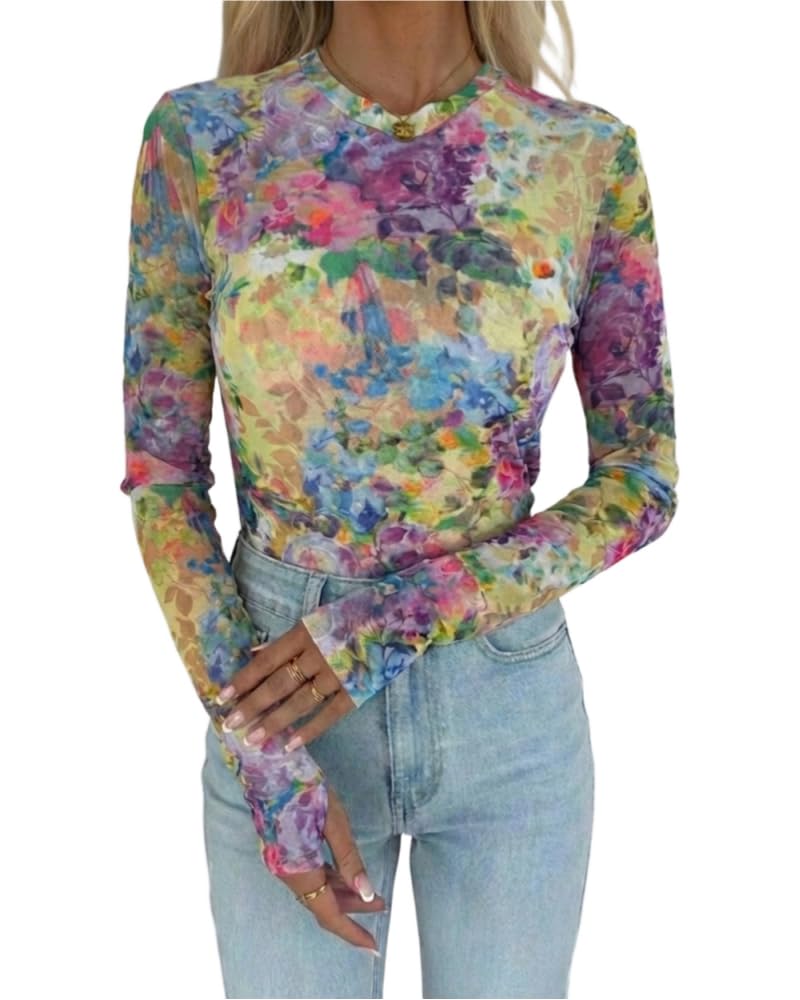 Womens Floral Mesh Long Sleeve Tops Crewneck See Through Fitted Shirts Sexy Sheer Going Out Blouses