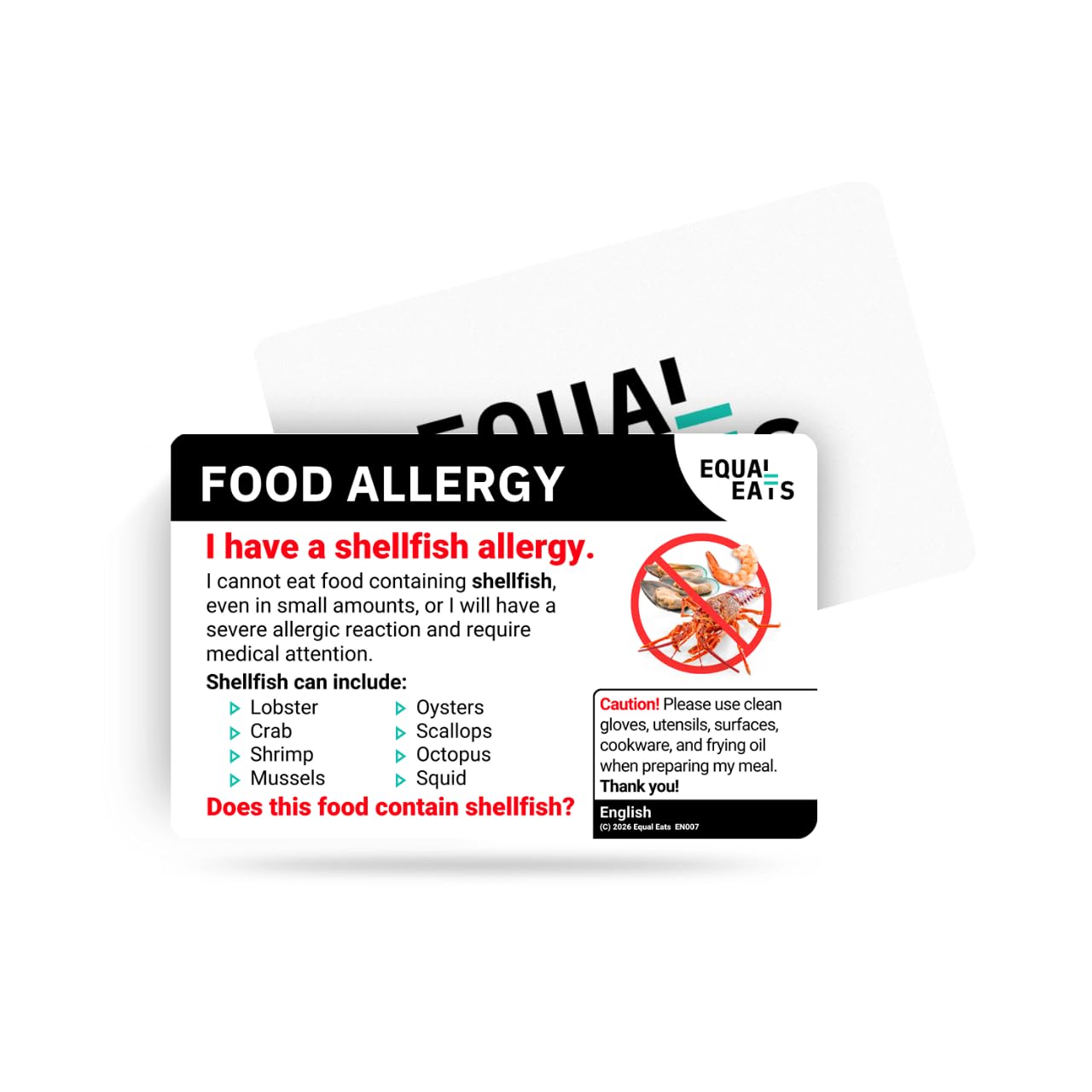 Equal Eats Shellfish Allergy Translation Card, Credit Card Size, English, Food Allergy Alert Card (English)