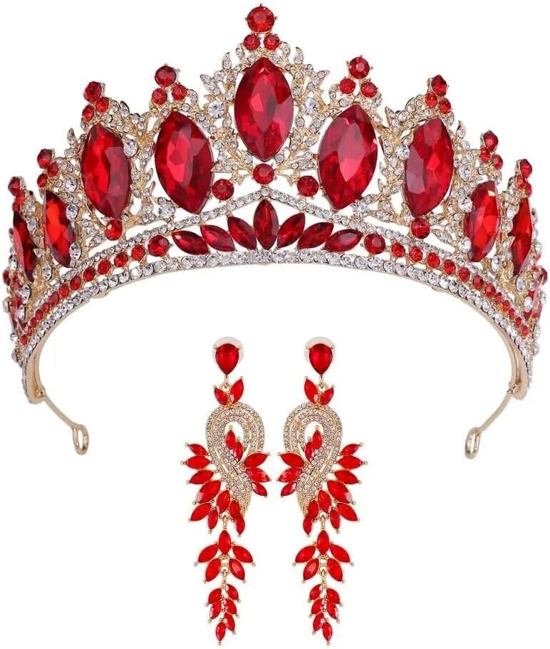 女性用ティアラと王冠、大きなバロッククリスタルリーフティアラ、イヤリング付きウェディングクラウン、ブライダルヘアアクセサリー。