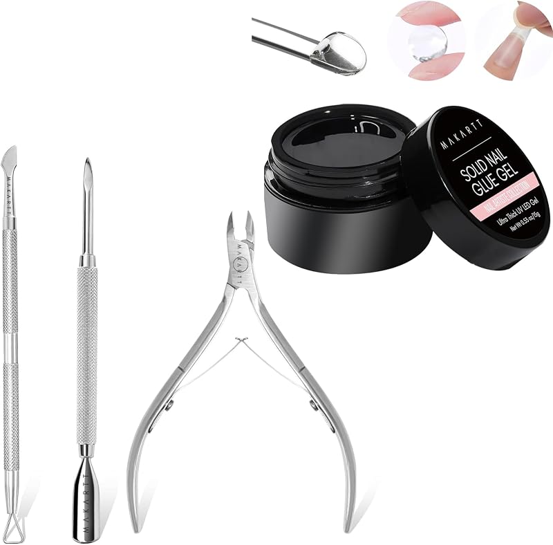 Makartt Solid Nail Gel Glue for Soft Gel Paquete de puntas para uñas con recortador de cutículas con empujador de cutículas, manicura para el cuidado de uñas con recortador de uñas plateado y kit de pedicura