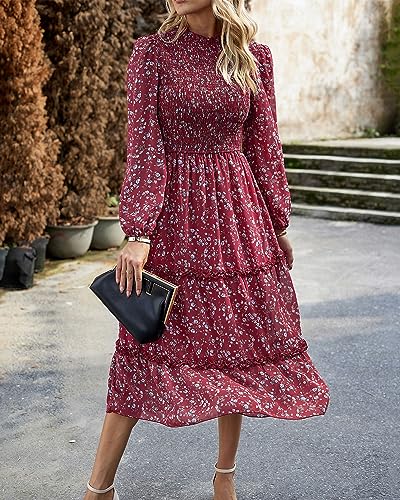 NOLLSOM Women 2025 Fall Dress Floral Casual Long Sleeve Crew Neck Ruffle A-Line Flowy Floral Boho Wedding Guest Maxi Dresses4
