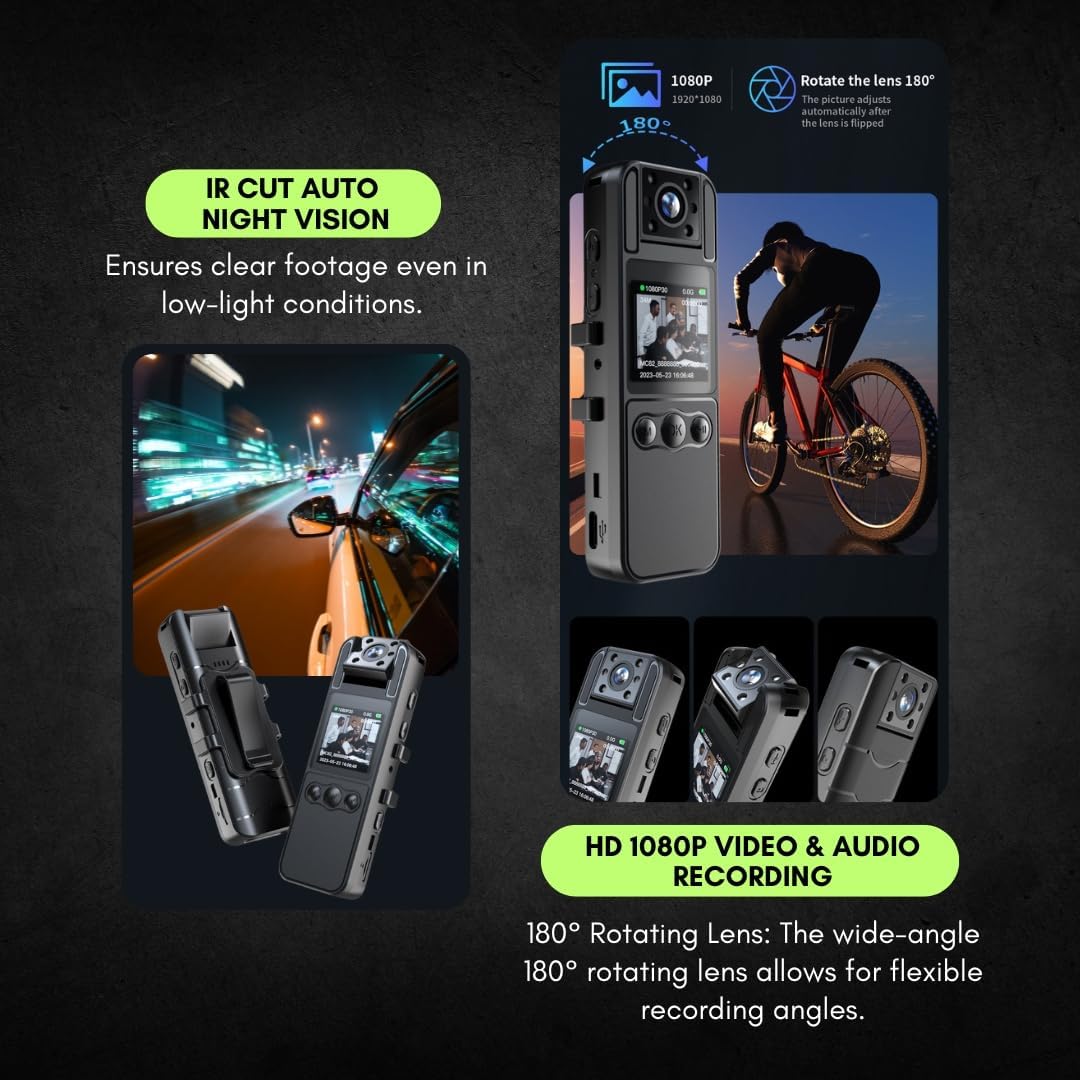 Body Camera with 6HR Battery, 1080P HD, 180° Rotating Lens, Night Vision, 128GB, Auto Tracking for Sports and Law Enforcement