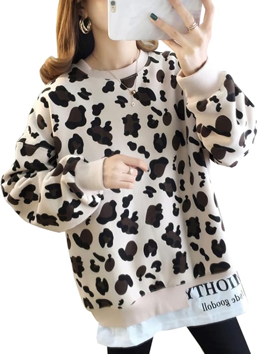 Amazon Co Jp Bestmood トレーナー レディース ヒョウ柄 パーカー 薄手 ゆったり プルオーバー クルーネック 重ね着風 トップス レオパード ファッション 春 大きいサイズ ピンク 服 ファッション小物
