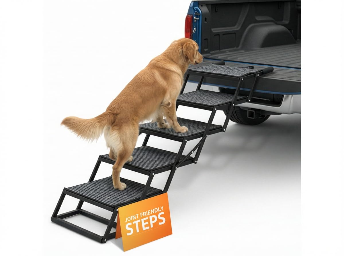Photo 1 of Brulio Foldable Dog Stairs for Cars Trucks & SUVs - Heavy-Duty Carbon Steel Pet Ladder Supports 230LB - Non-Slip Metal Mesh Joint-Friendly Portable Ramp for Large Dogs - 5 Step Pet Stairs w/Mat