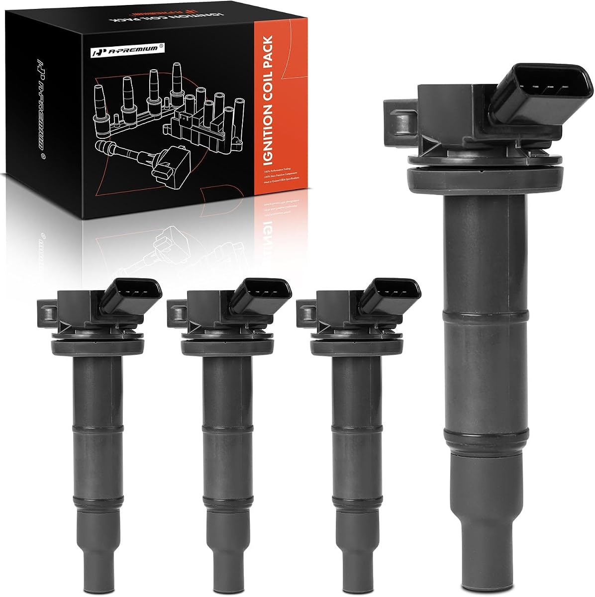 A-Premium Set of 4 Ignition Coil Pack - 4-Pins | Compatible with Toyota Corolla 2009-2010, Camry 2002-2011, RAV4 2001-2008, Highlander 2001-2007 & Pontiac Vibe & Scion