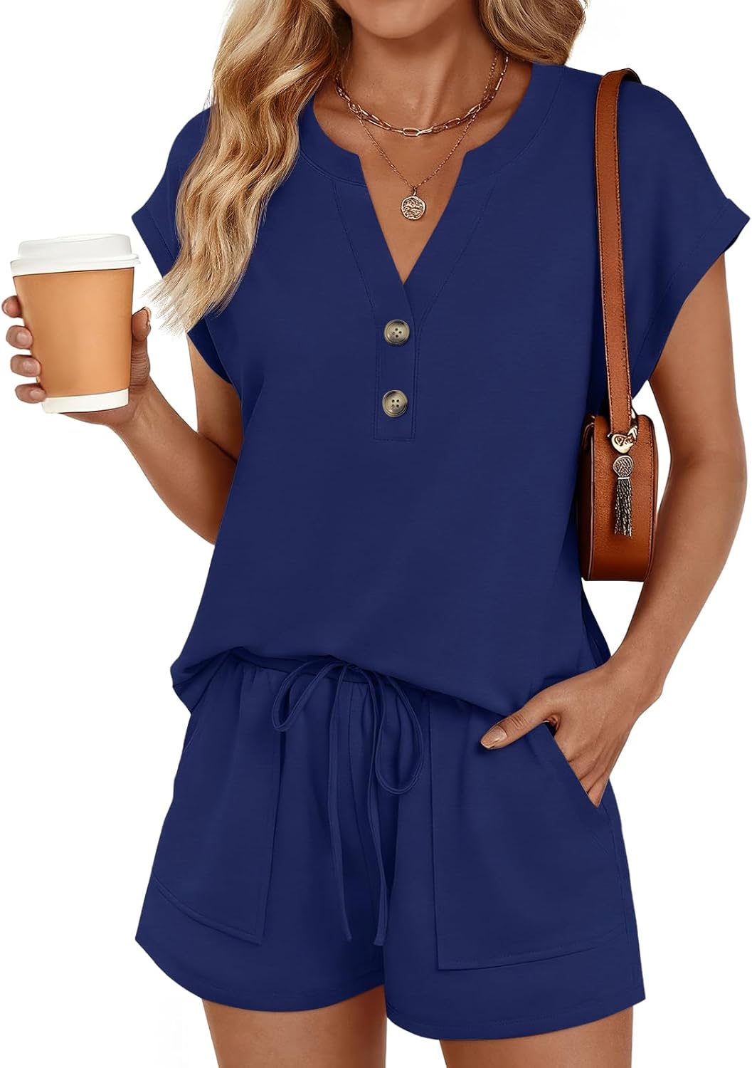 LILLUSORY Womens Henley 2 Piece Short Sets Summer 2026 Lounge Spring Beach Airport Travel Vacation Outfits Matching Sweatsuit