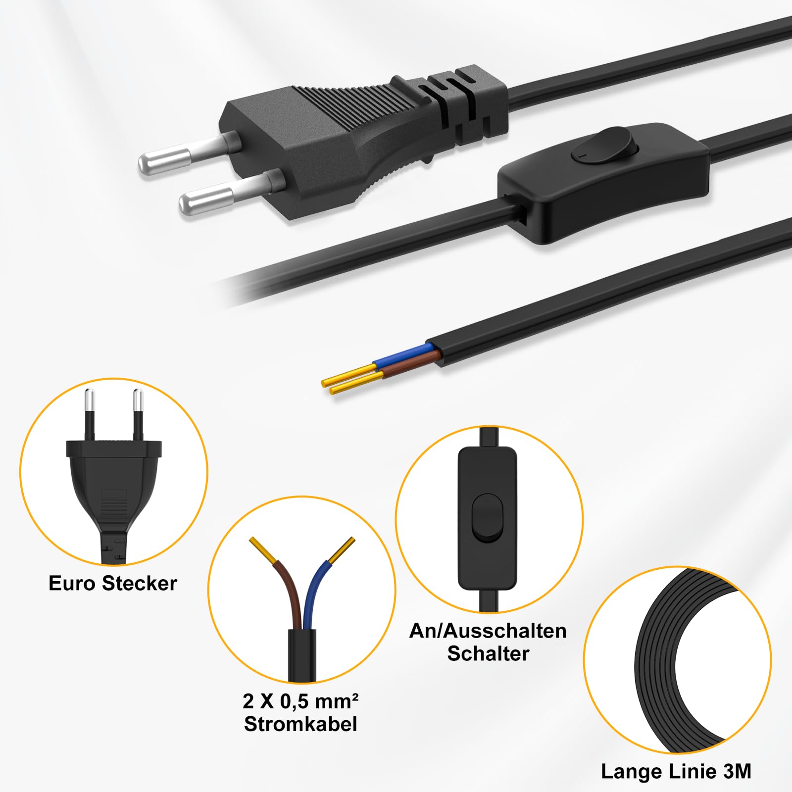 3x Netzkabel Mit Schalter – 1,8 M, EU-Stecker, 2x0,75 Mm², Für Lampen & Stehleuchten, Schwarz