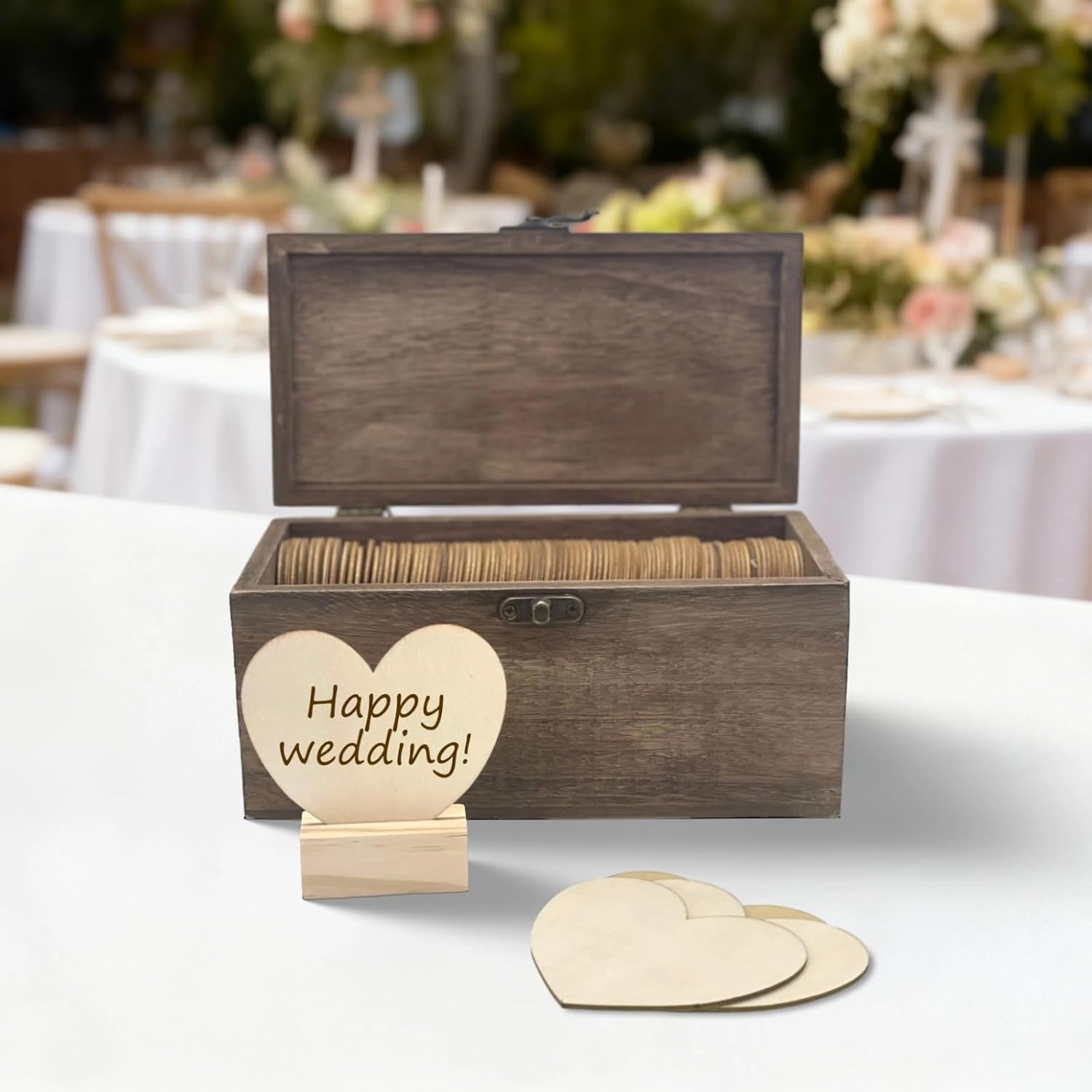 80 Pcs Brown Wooden Heart Guest Book, Rustic Wedding Guest Book Alternative with Heart Shaped Wood Pieces, Keepsake Box, Wooden Stand, for Weddings, Anniversaries, Parties