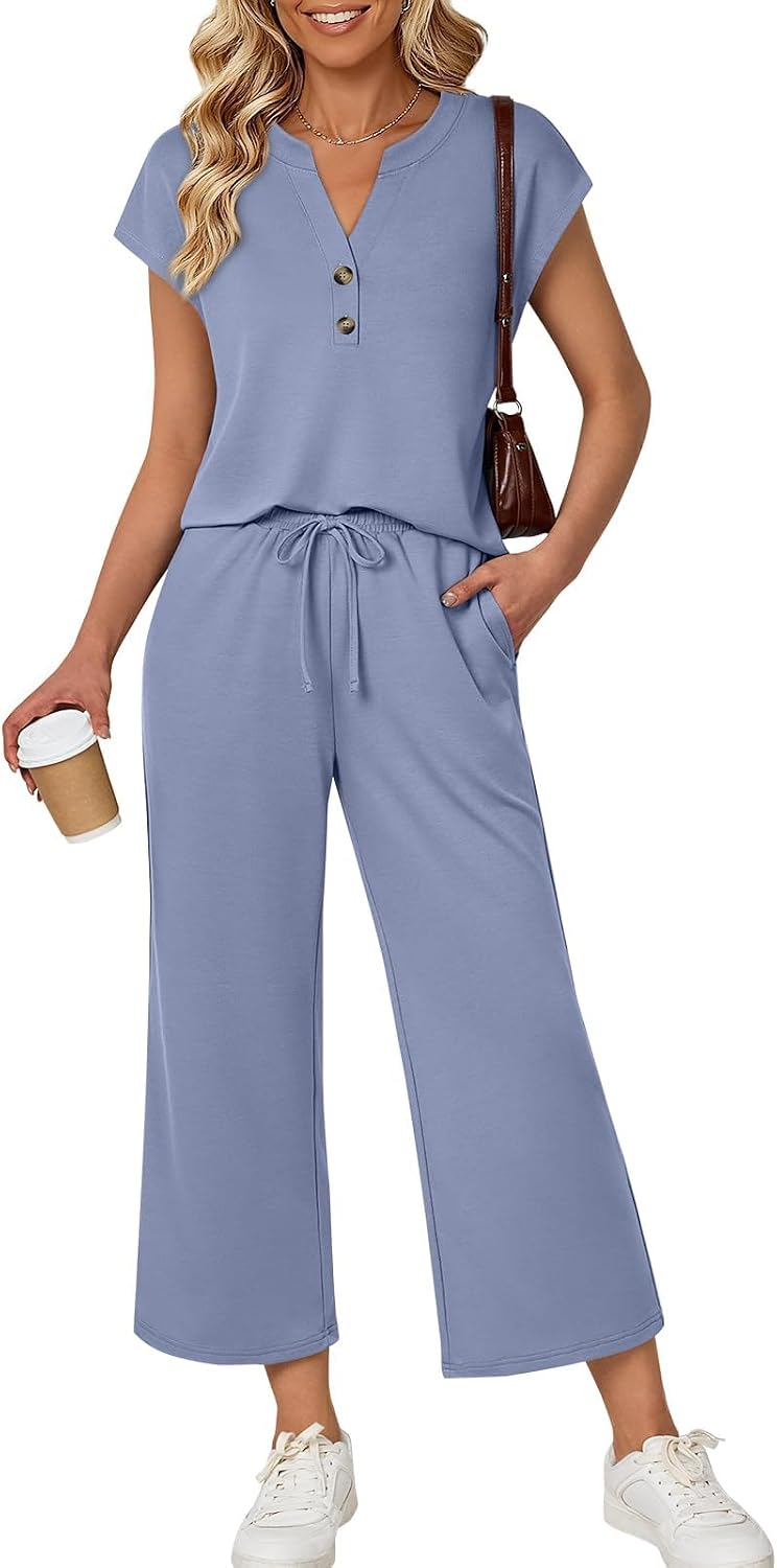 2026 Women Two Piece Lounge Sets Cute Cap Sleeve V-neck Top Wide Leg Pants Comfy Matching Vacation Outfits