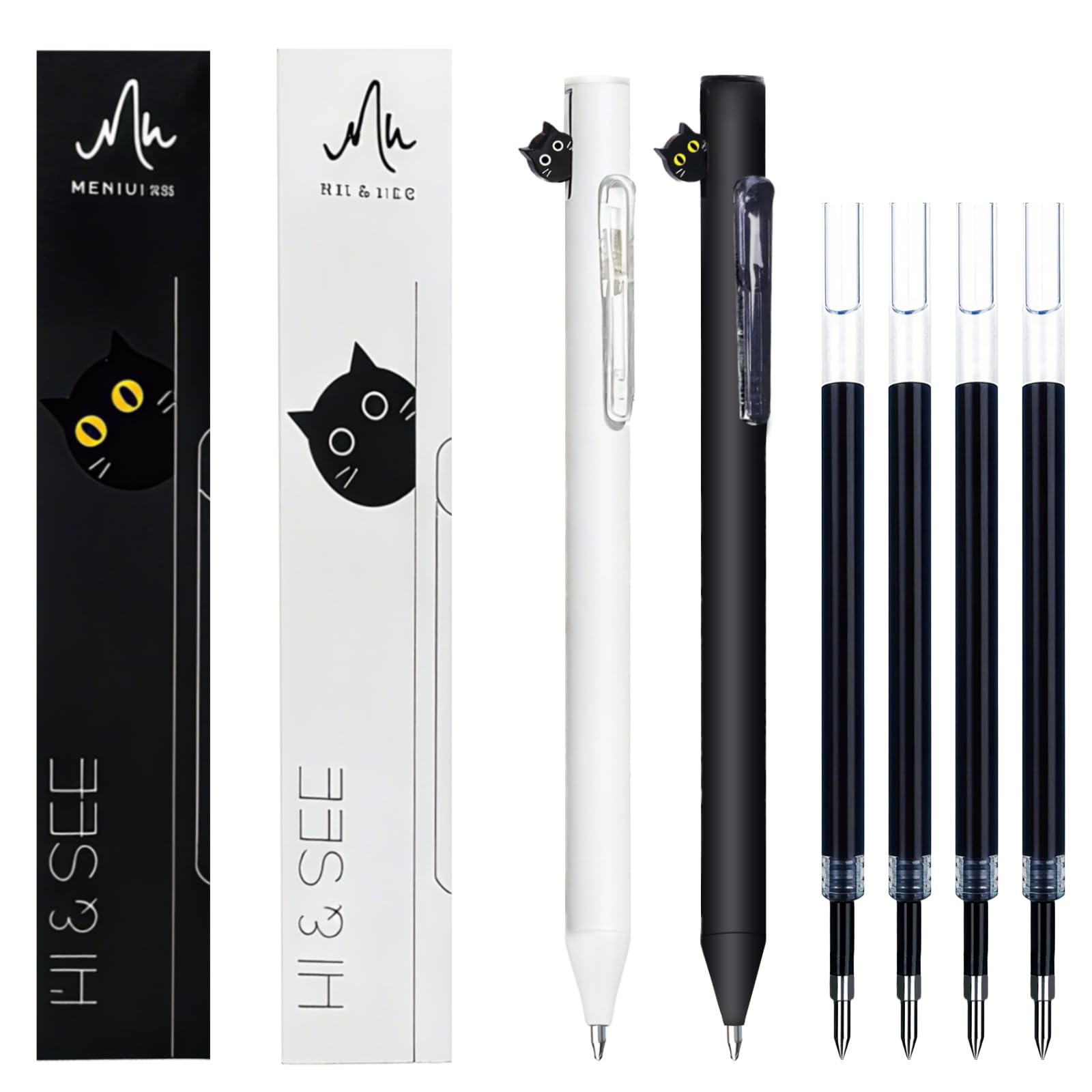 2 Pack Cute Cat Pens,Cute Retractable Cat Gel Pens With 4 Pcs 0.5mm Black Ink Refills, Quick Drying Writing Pen Set for Women Men Holiday Office