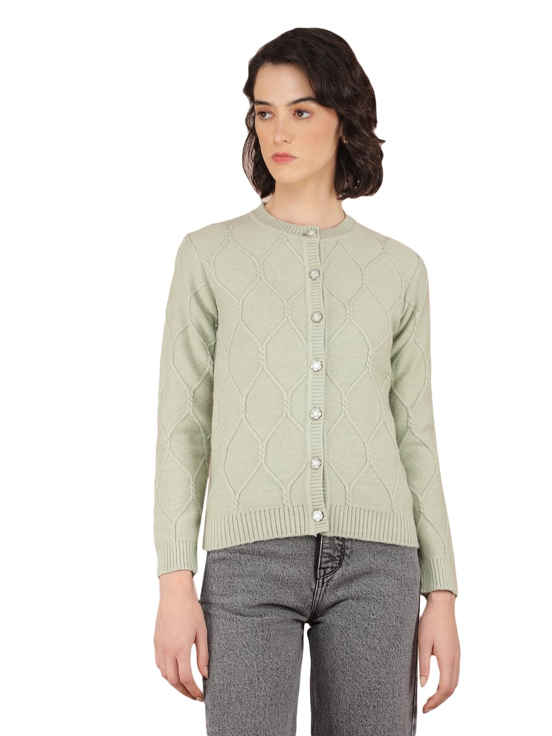 Women's Green Jacquard Acrylic Cardigan-image-17