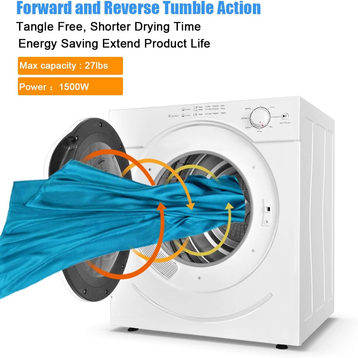 Diagram illustrating the forward and reverse tumble action of the dryer, designed to prevent tangling and shorten drying time.