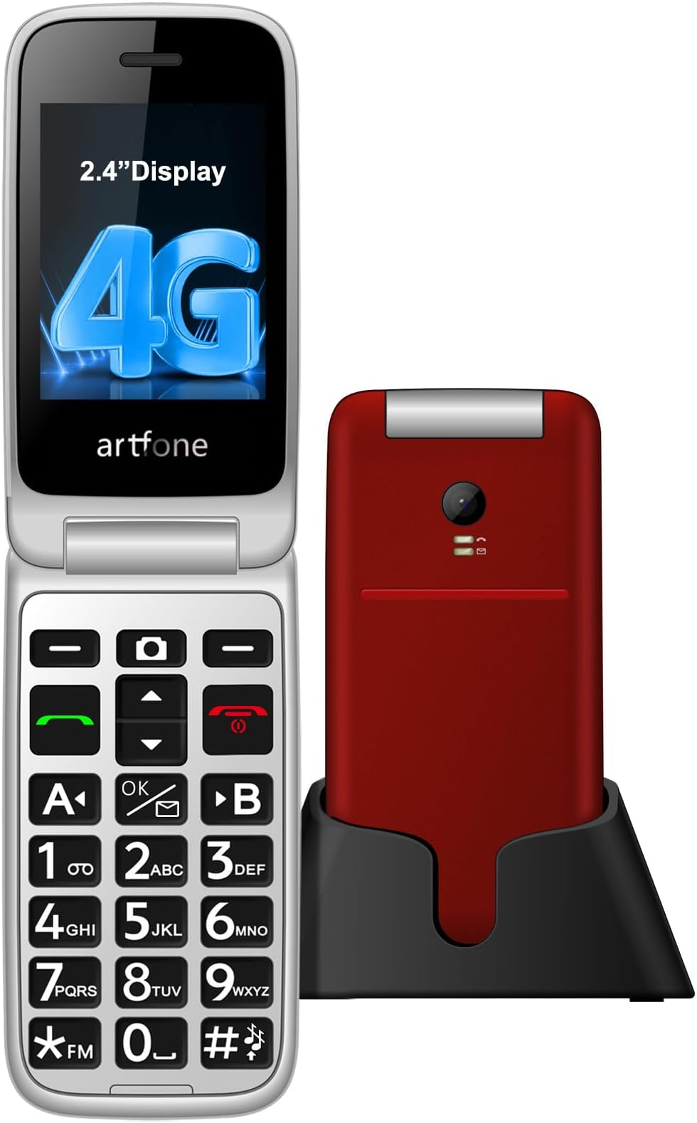 artfone G3 Flip Phone Unlocked for Seniors, 4G Volte Basic Phone, 2.4" Screen, SOS Button, Speed Dial, Hans-Free, Big Buttons, Bluetooth, Camera, FM Radio, Charging Dock, Voice Time, Dumb Phone, Red